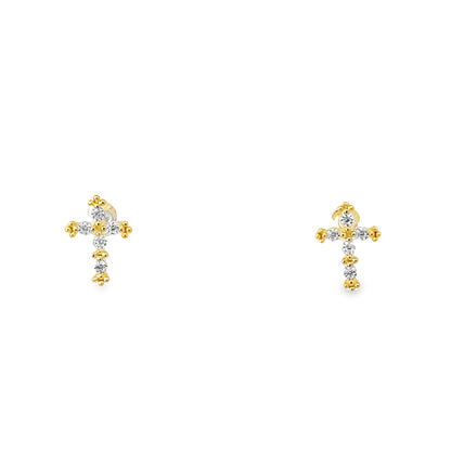 14K Yellow Gold Cz Baby Cross Stud Earrings