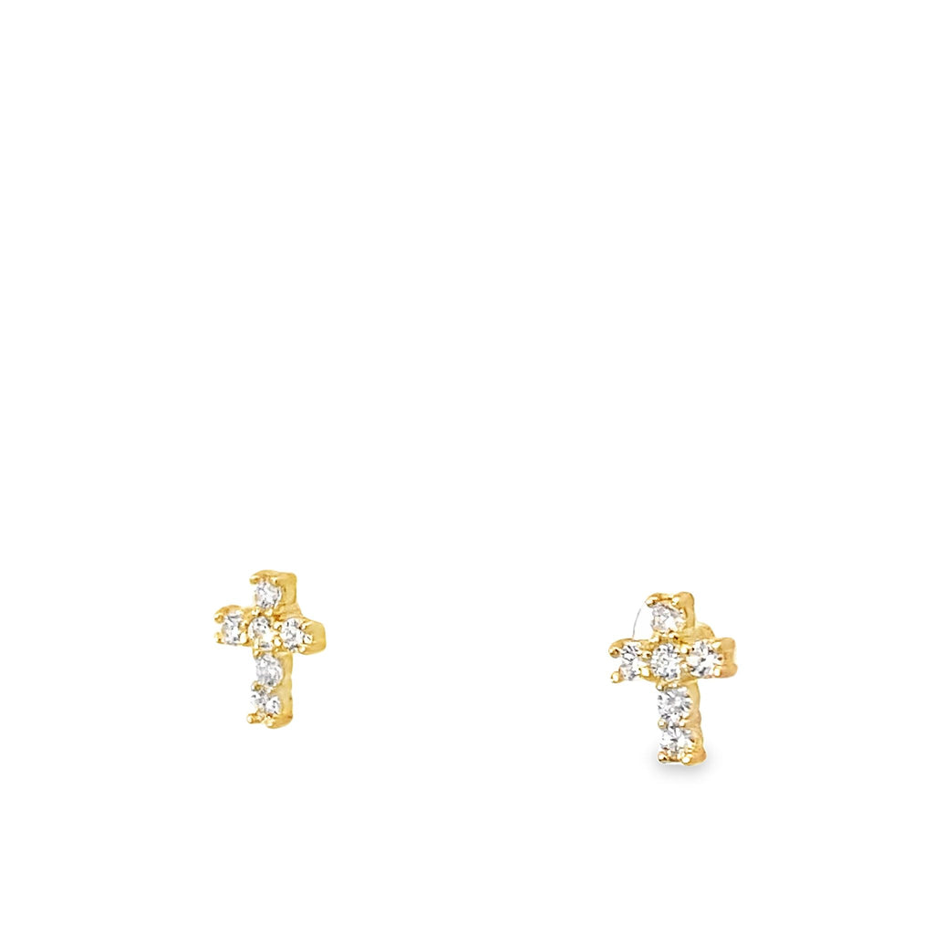 14K Yellow Gold Cz Baby Cross Stud Earrings