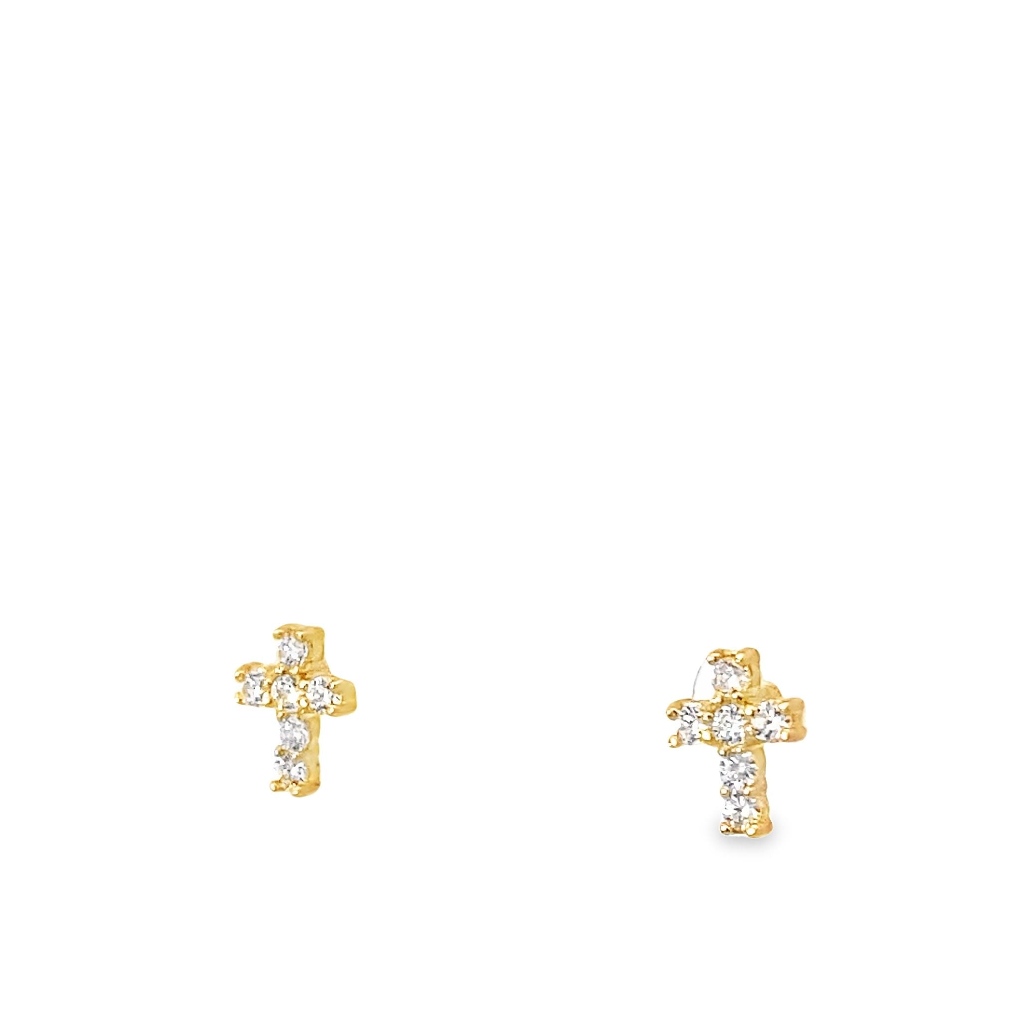 14K Yellow Gold Cz Baby Cross Stud Earrings