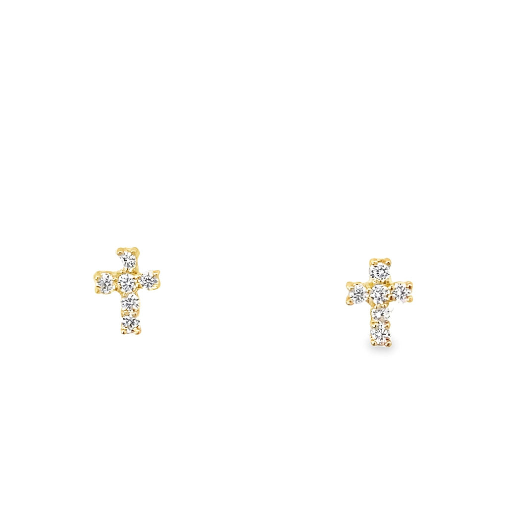 14K Yellow Gold Cz Baby Cross Stud Earrings