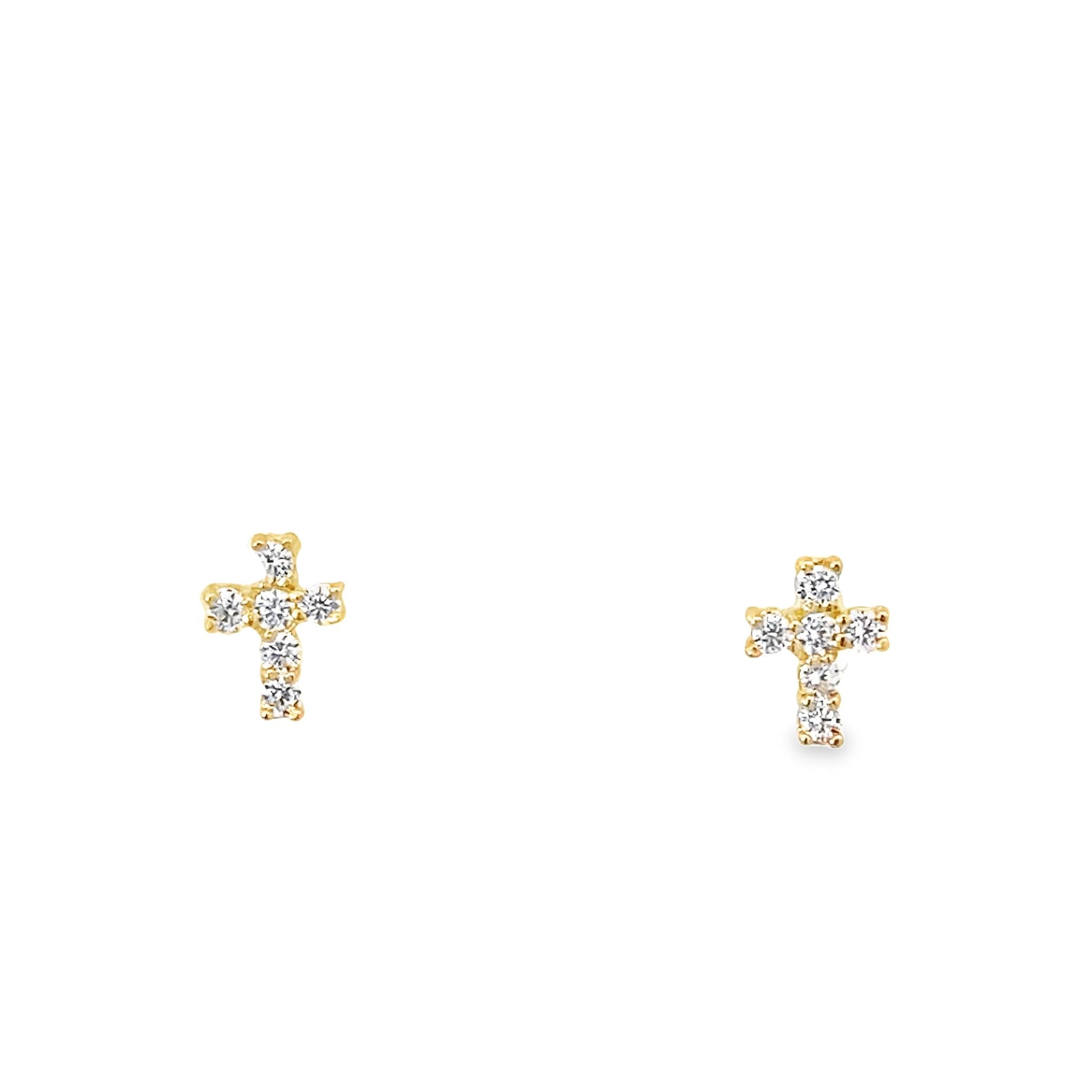 14K Yellow Gold Cz Baby Cross Stud Earrings