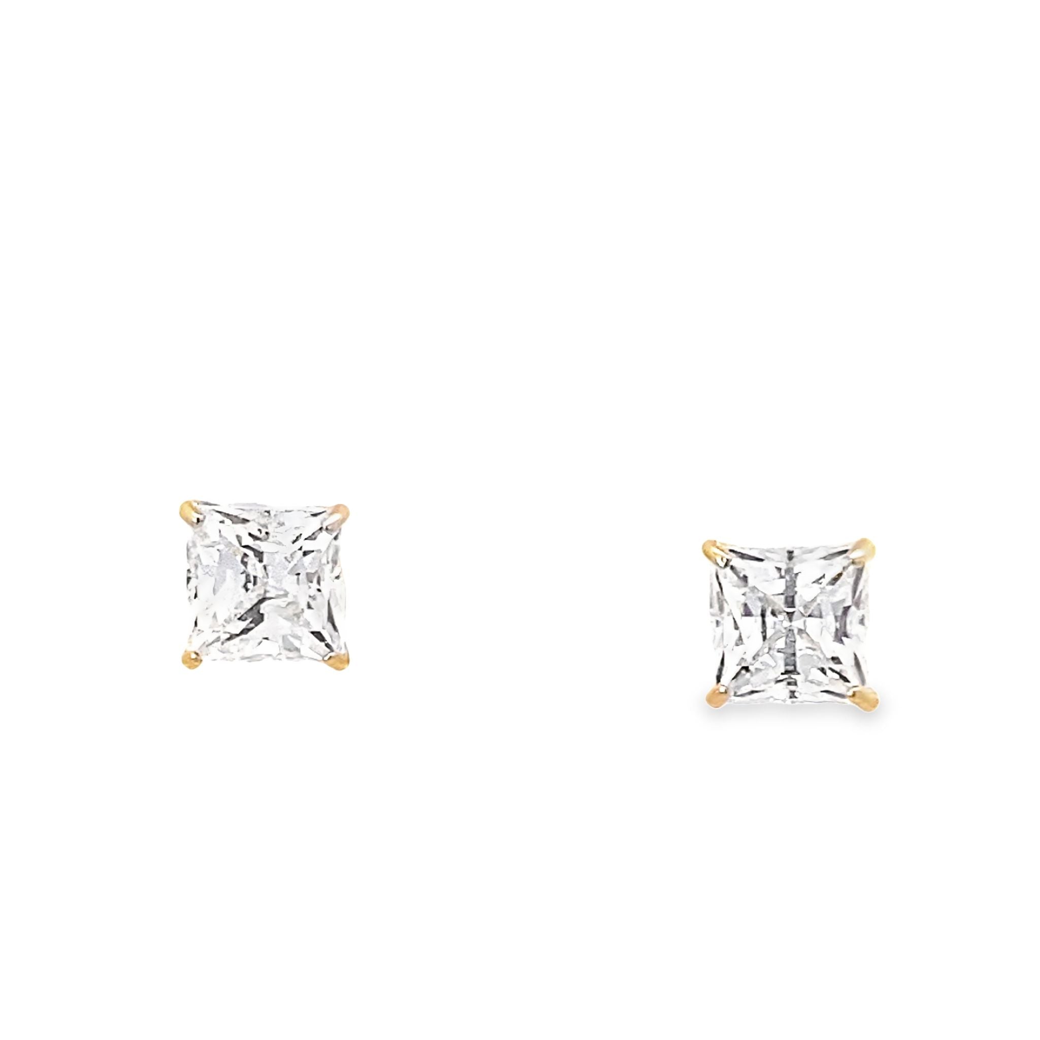 14K Yellow Gold Square Cz Stud Earrings