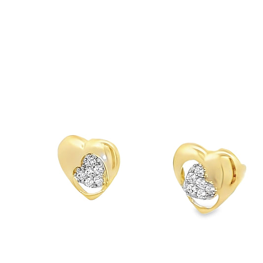 14K Yellow Gold Cz Double Heart Stud Earrings