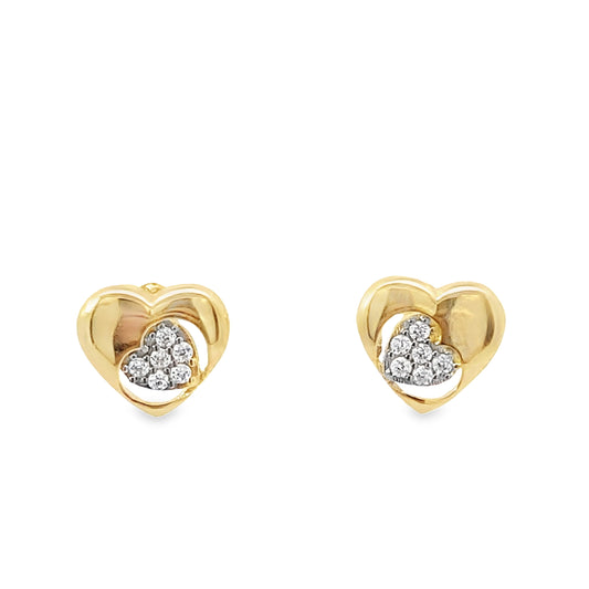 14K Yellow Gold Cz Double Heart Stud Earrings