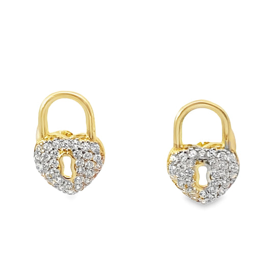 14K Yellow Gold Cz Lock Style Stud Earrings