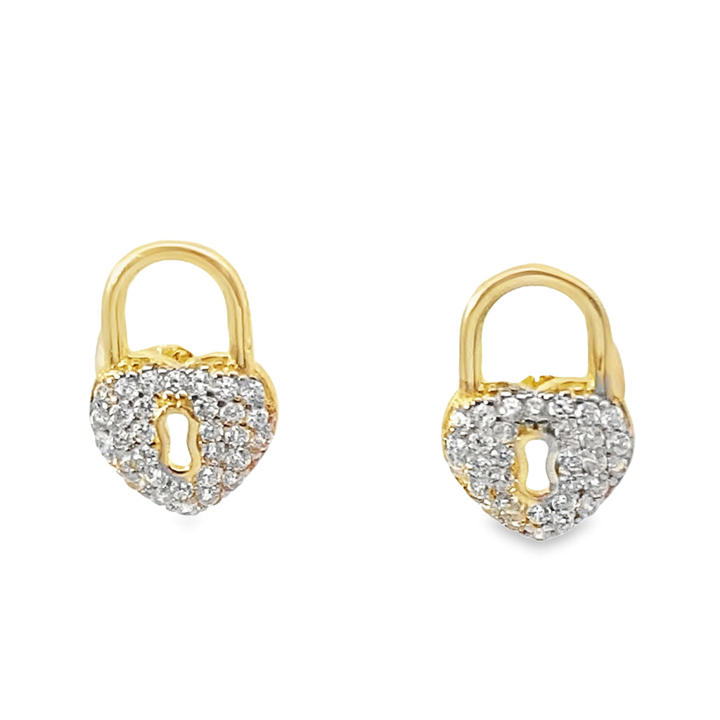 14K Yellow Gold Cz Lock Style Stud Earrings