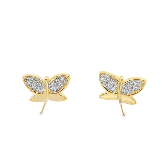 14K Yellow Gold Cz Dragonfly Stud Earrings