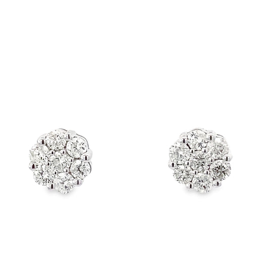 0.91Ctw 14K White Gold Diamond Flower Cluster Stud Earrings