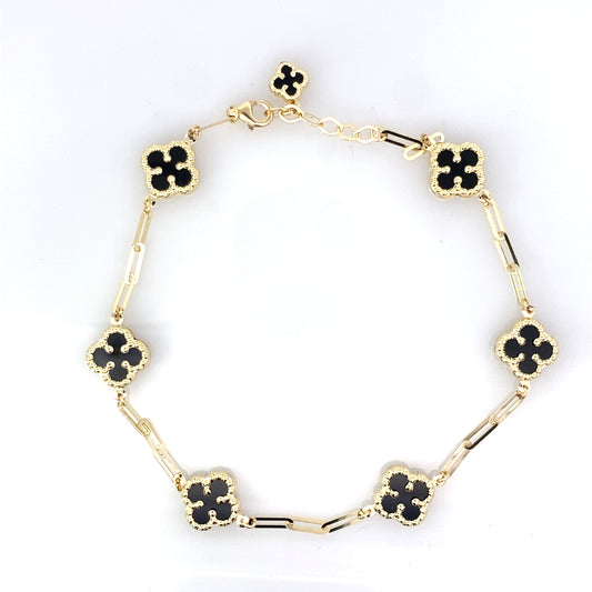 14K Yellow Gold Onyx Flowers Anklet 10In 3.8Dwt