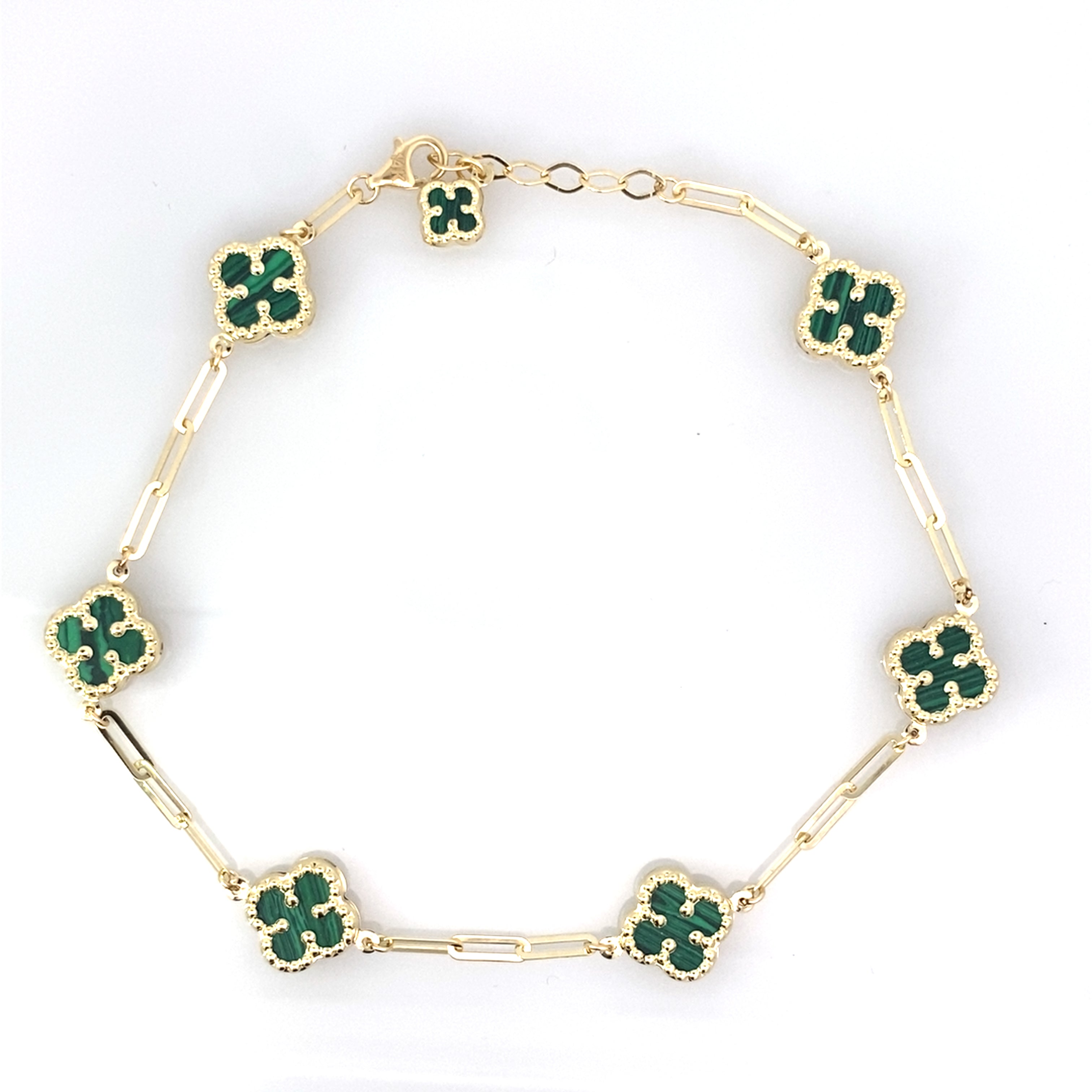 14K Yellow Gold Malachite Flowers Anklet 10In 3.6Dwt
