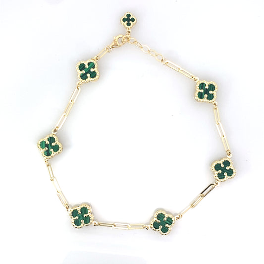 14K Yellow Gold Malachite Flowers Anklet 10In 3.6Dwt