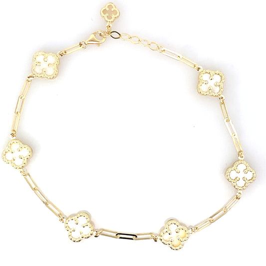 14K Yellow Gold Mother Of Pearl Flowers Anklet 10In 3.7Dwt