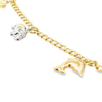14K Two Tone Gold  Curb Link Anklet W/Butterflies, Heart & Dolphin Charms 11In 2.9Dwt