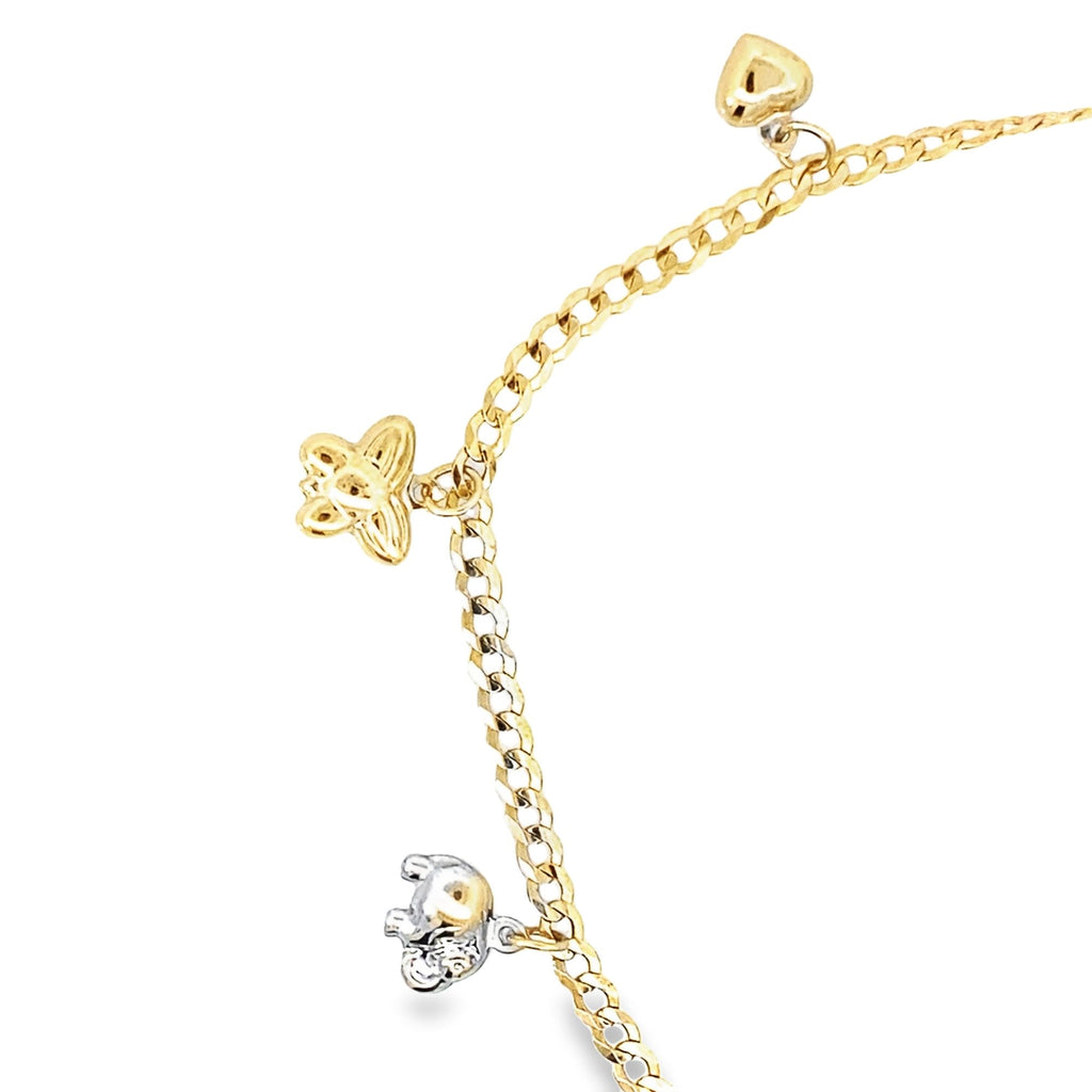 14K Two Tone Gold  Curb Link Anklet W/Butterflies, Heart & Dolphin Charms 11In 2.9Dwt