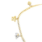 14K Two Tone Gold  Curb Link Anklet W/Butterflies, Heart & Dolphin Charms 11In 2.9Dwt