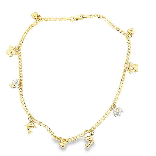 14K Two Tone Gold  Curb Link Anklet W/Butterflies, Heart & Dolphin Charms 11In 2.9Dwt