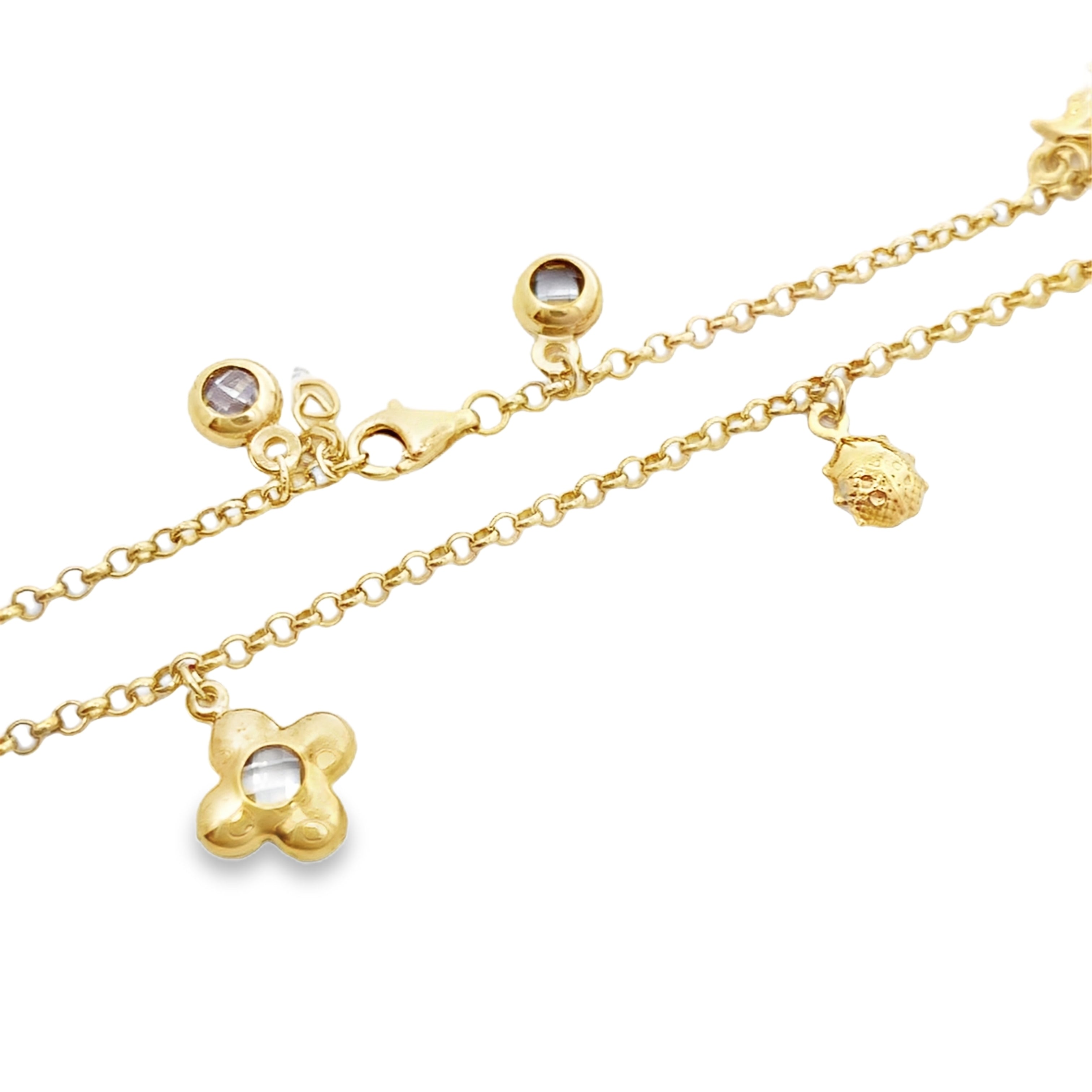 10K Yellow Gold Rolo Link W/Charms Anklet 10In 3.2Dwt