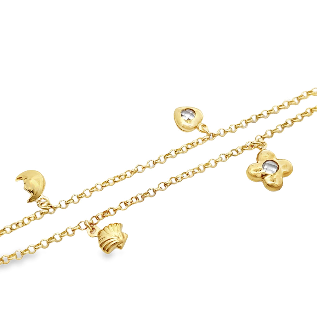10K Yellow Gold Rolo Link W/Charms Anklet 10In 3.2Dwt