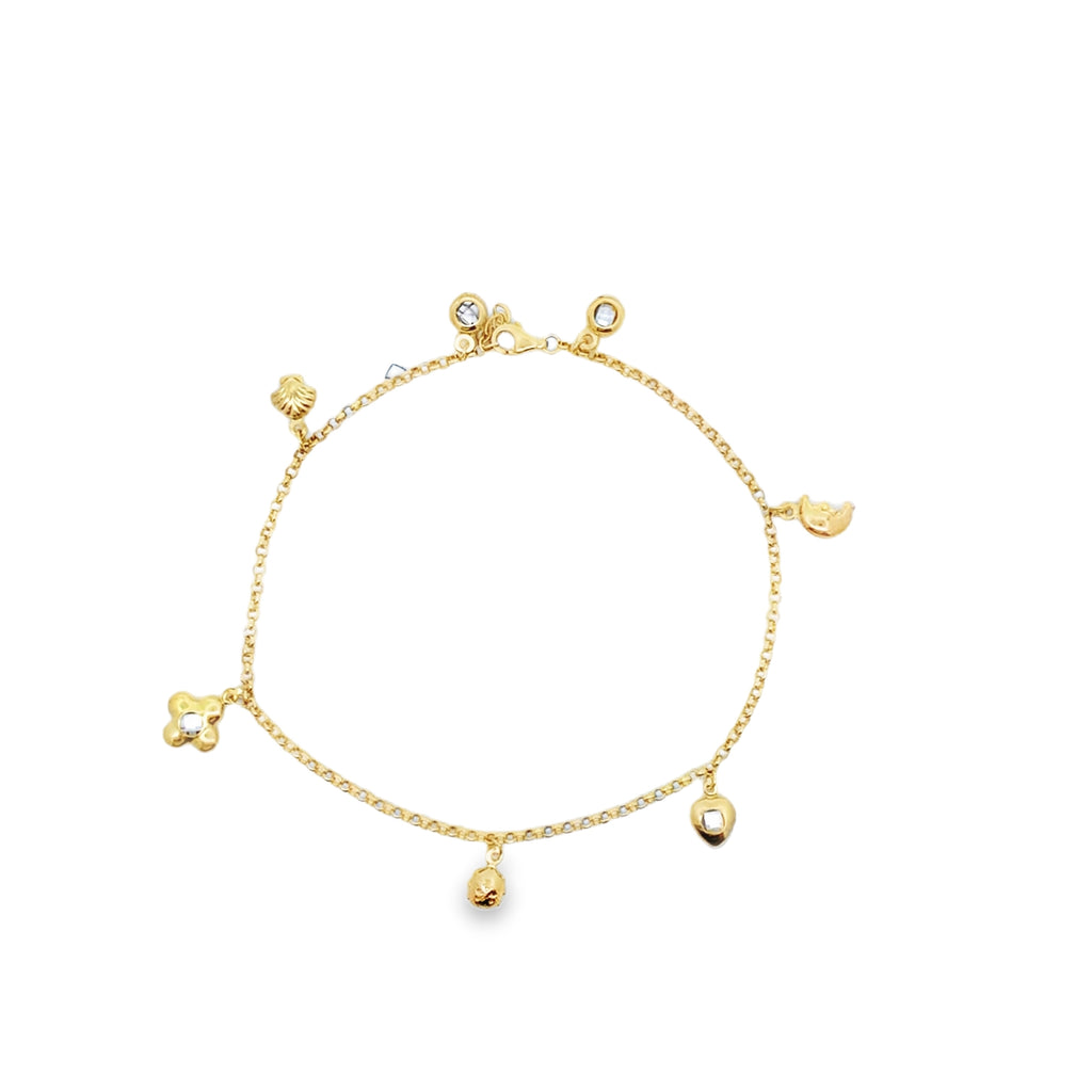 10K Yellow Gold Rolo Link W/Charms Anklet 10In 3.2Dwt