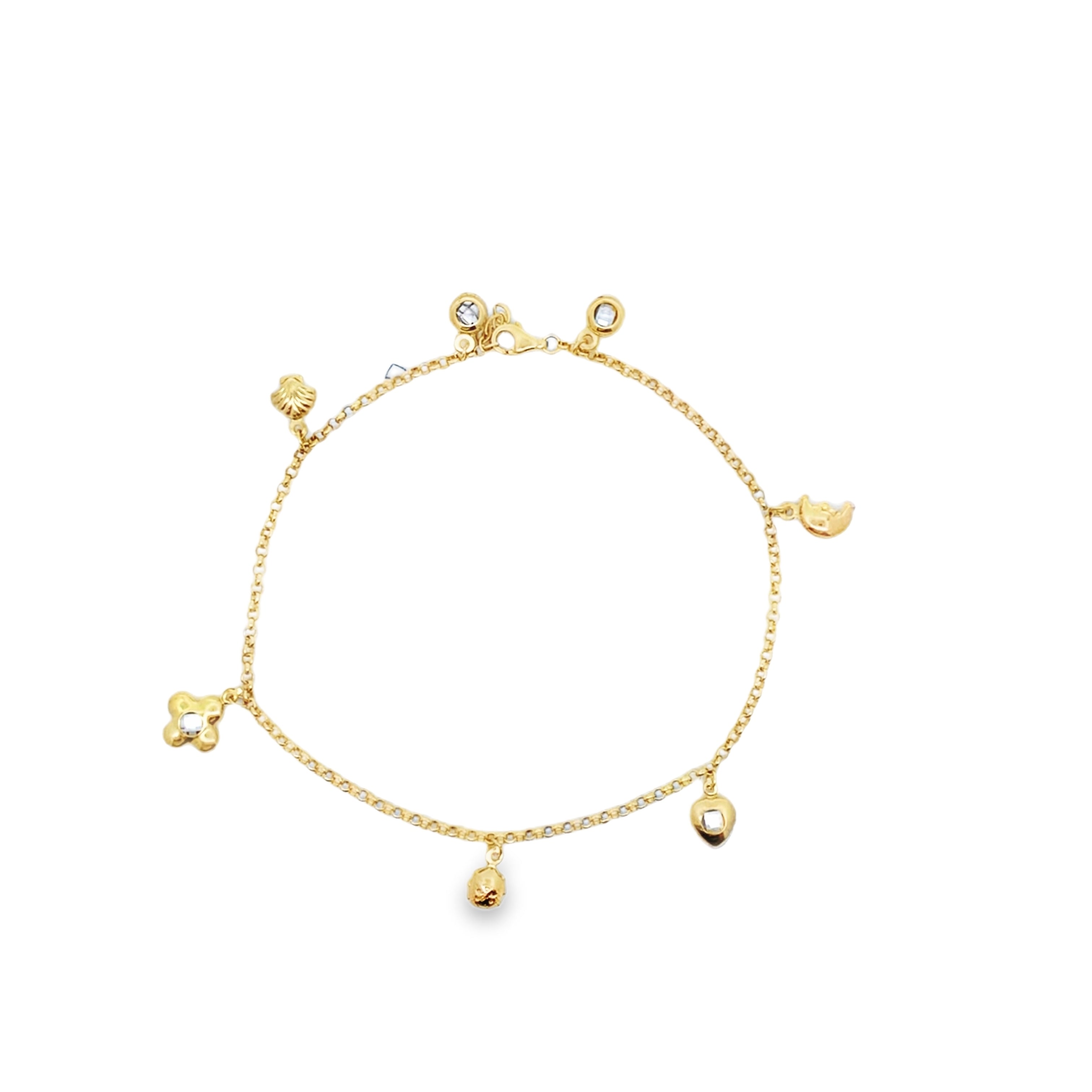 10K Yellow Gold Rolo Link W/Charms Anklet 10In 3.2Dwt