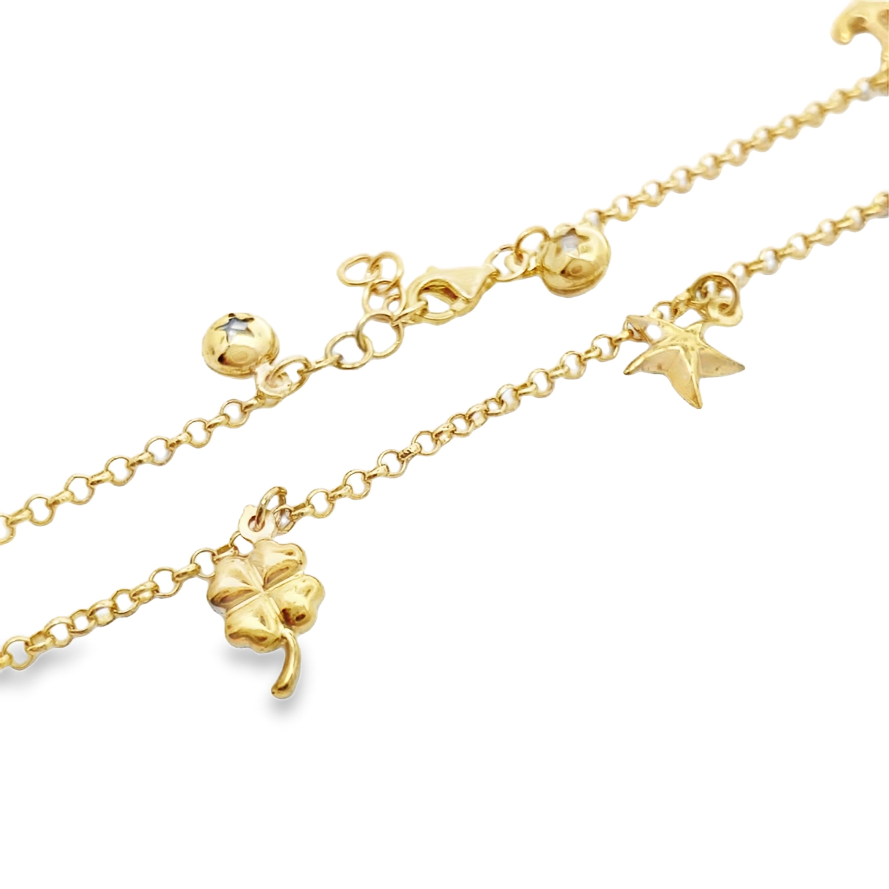 10K Yellow Gold Rolo Link W/Charms Anklet 10In 3.3Dwt