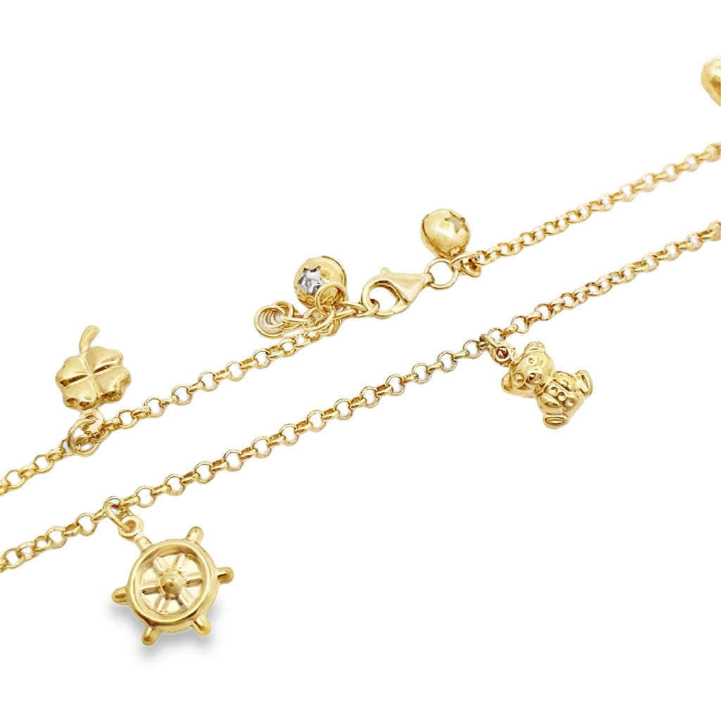 10K Yellow Gold Rolo Link W/Charms Anklet 10In 3.2Dwt