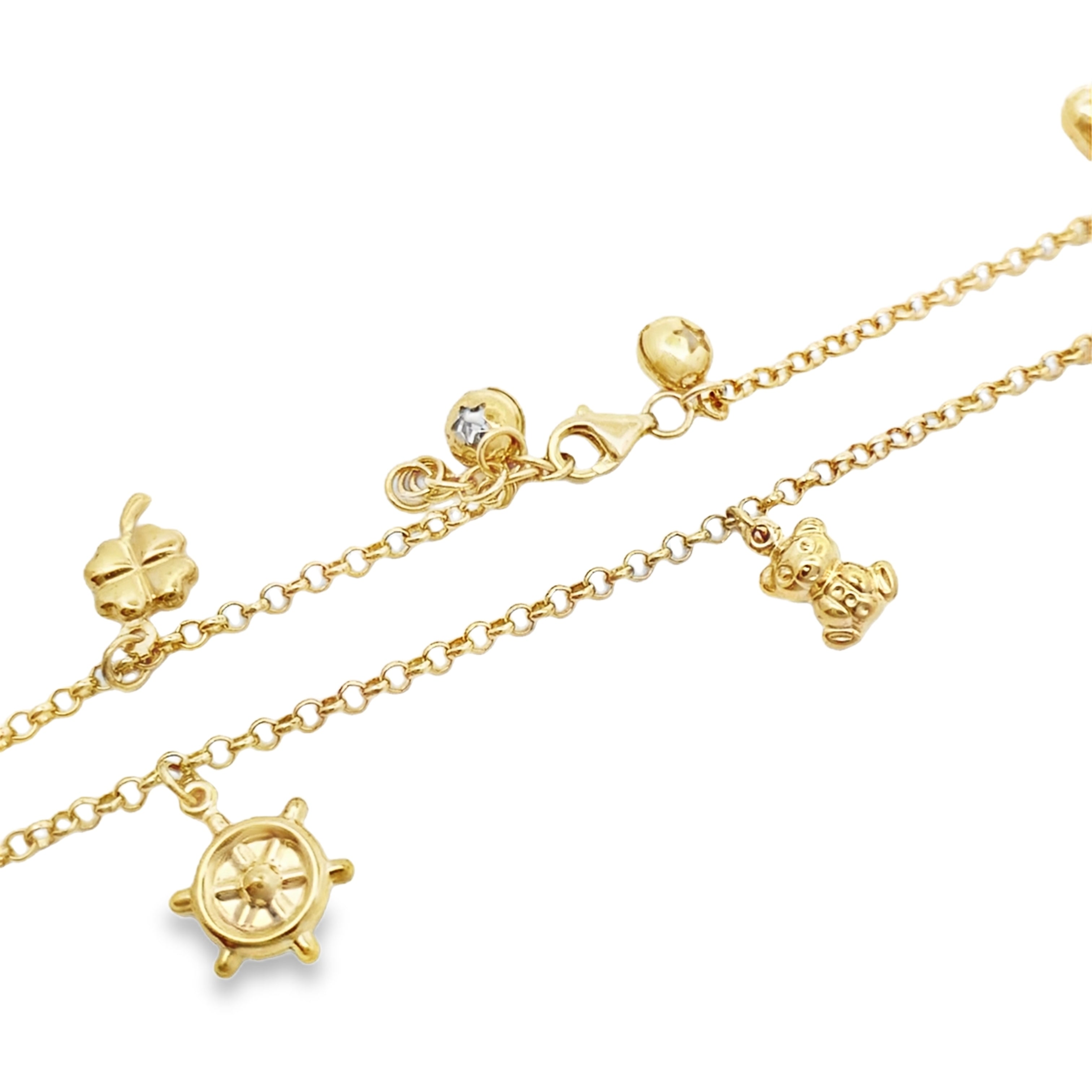 10K Yellow Gold Rolo Link W/Charms Anklet 10In 3.2Dwt