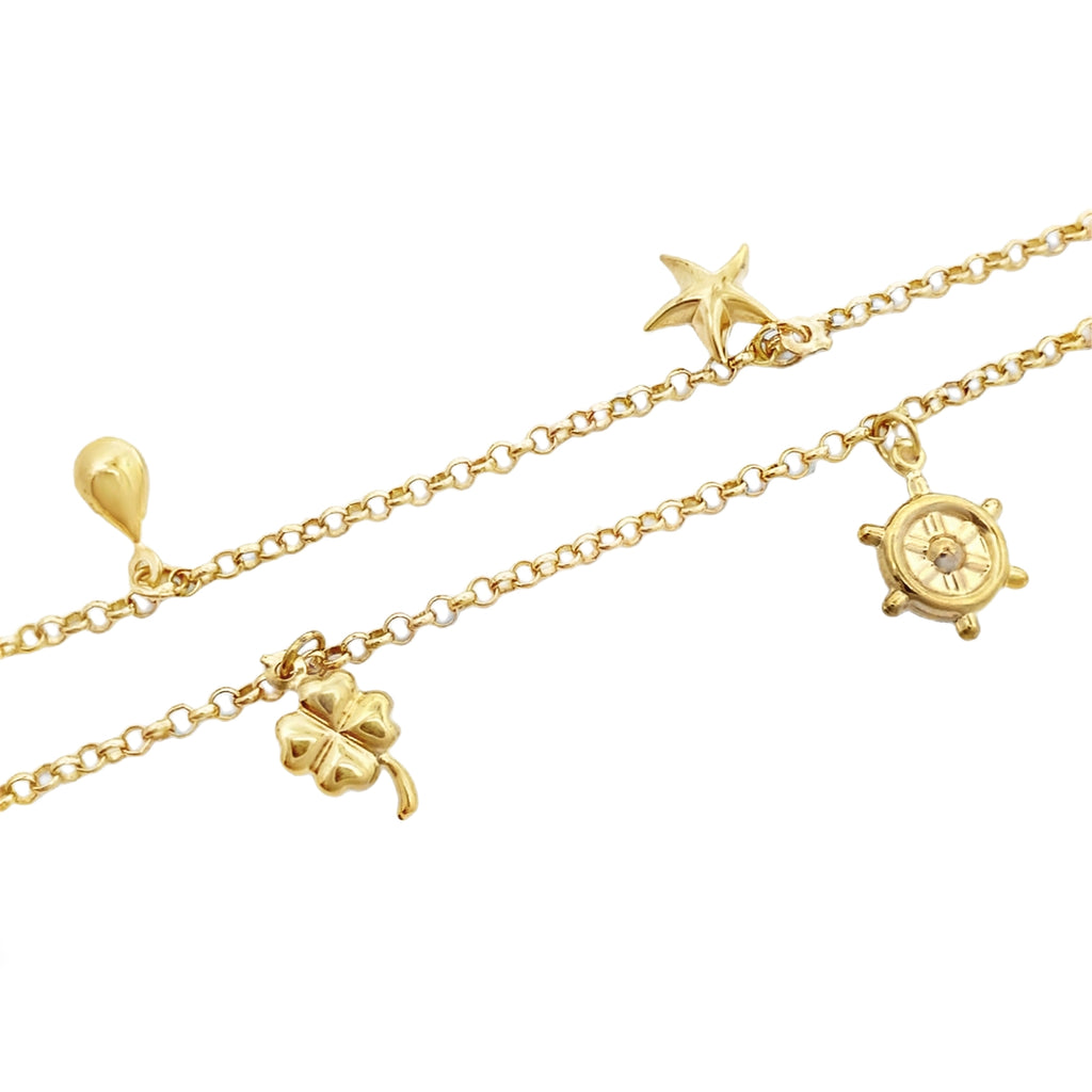 10K Yellow Gold Rolo Link W/Charms Anklet 10In 3.2Dwt