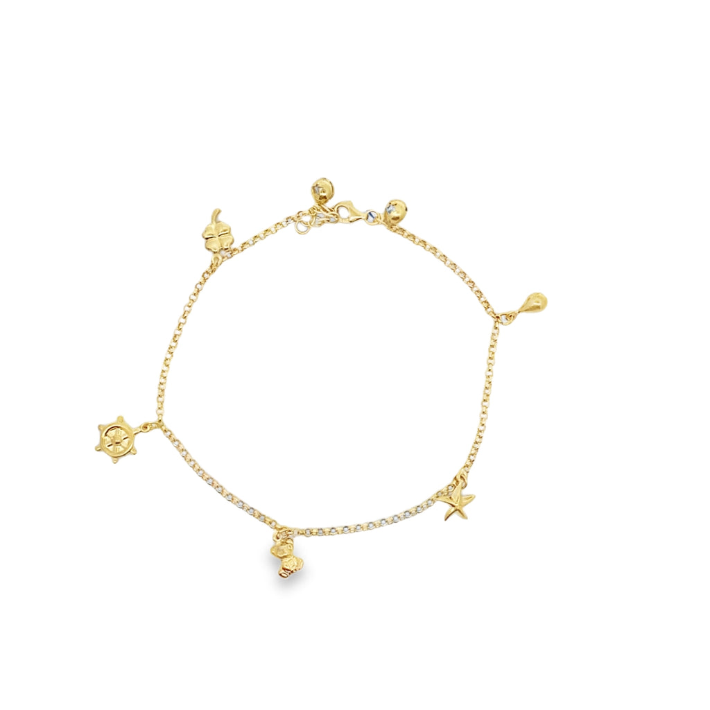 10K Yellow Gold Rolo Link W/Charms Anklet 10In 3.2Dwt
