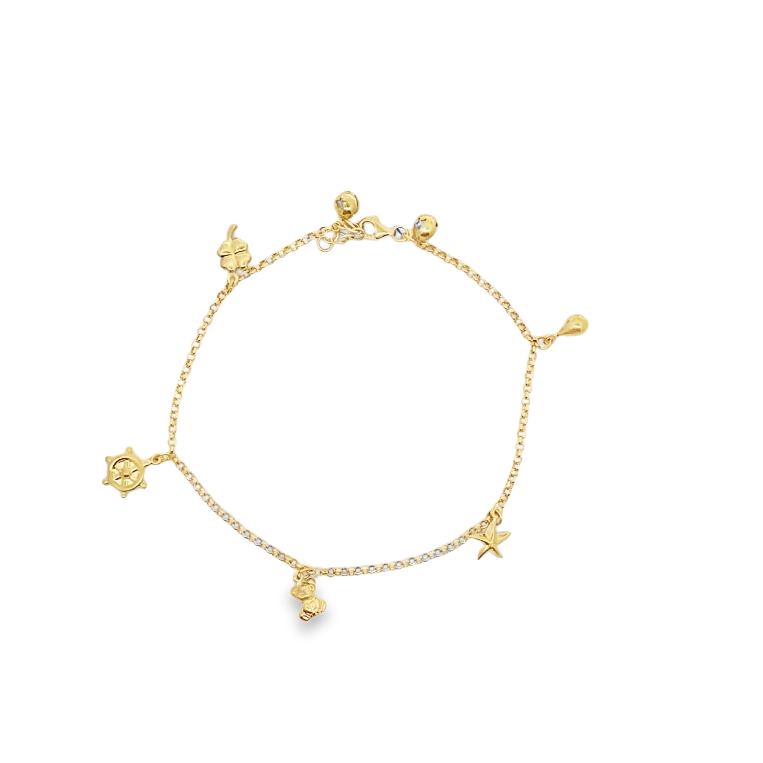 10K Yellow Gold Rolo Link W/Charms Anklet 10In 3.2Dwt