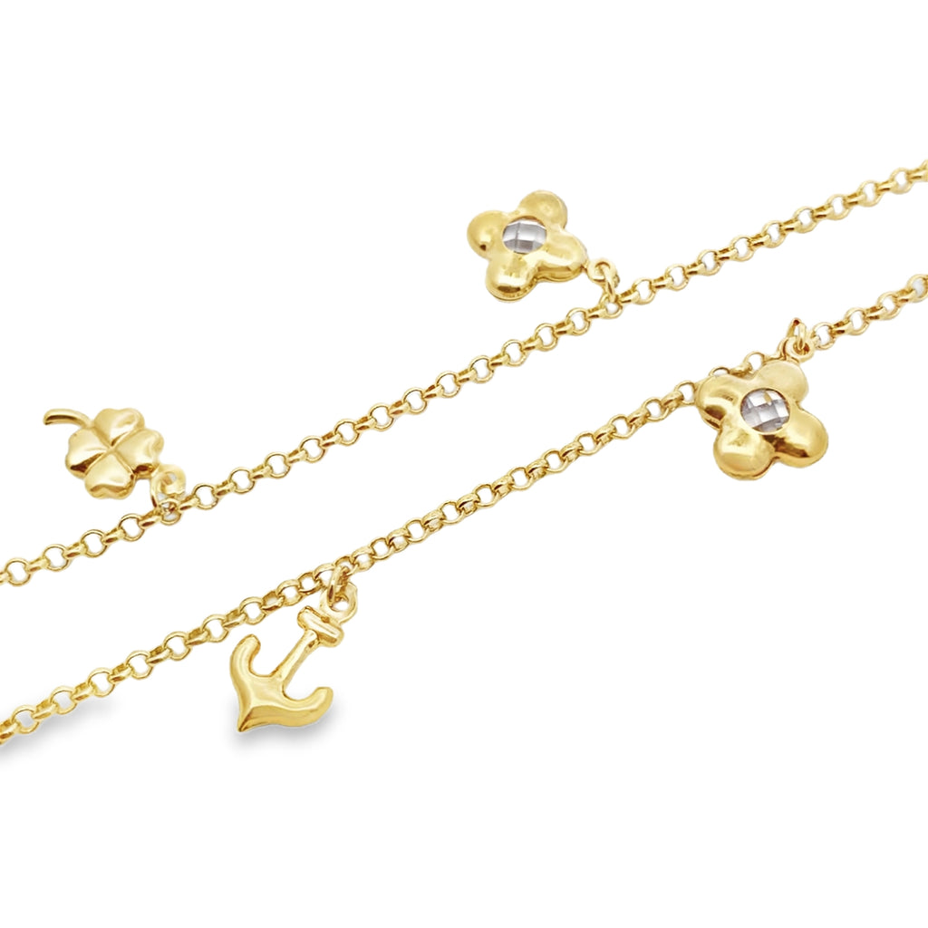 10K Yellow Gold Rolo Link W/Charms Anklet 10In 3.7Dwt
