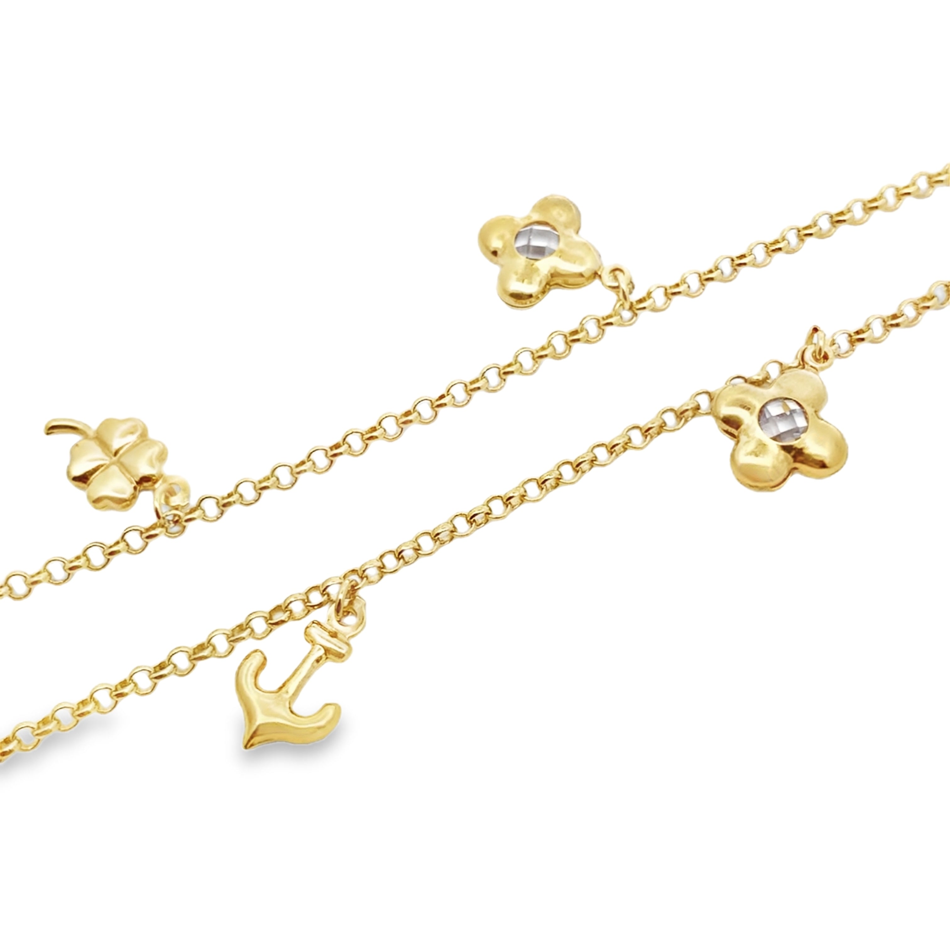 10K Yellow Gold Rolo Link W/Charms Anklet 10In 3.7Dwt