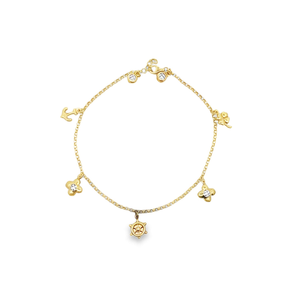 10K Yellow Gold Rolo Link W/Charms Anklet 10In 3.7Dwt