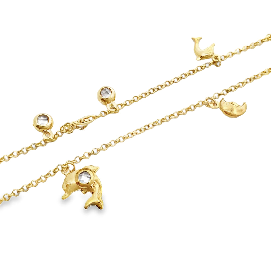 10K Yellow Gold Rolo Link W/Charms Anklet 10In 3.6Dwt