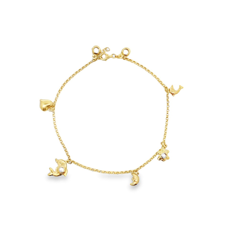 10K Yellow Gold Rolo Link W/Charms Anklet 10In 3.6Dwt