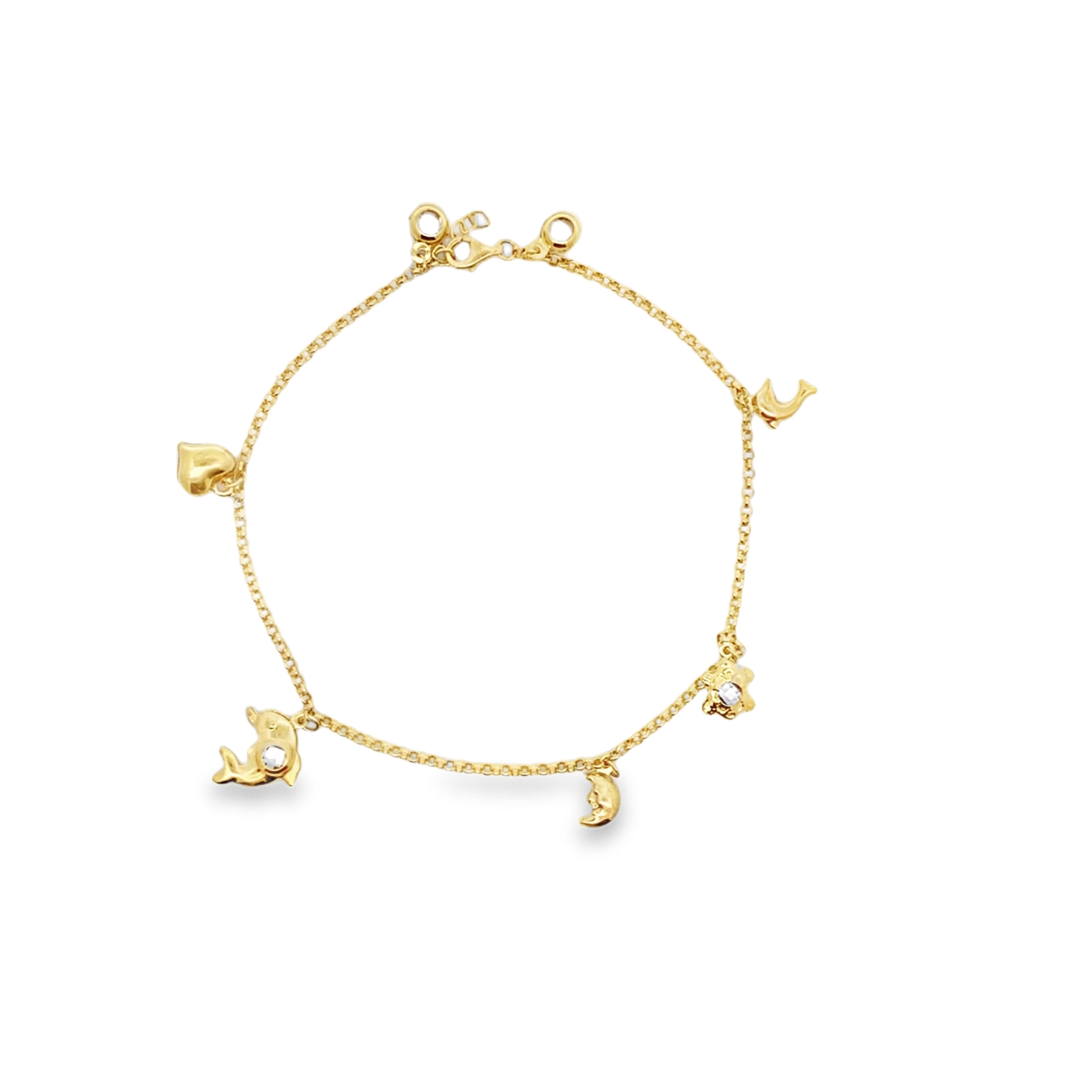 10K Yellow Gold Rolo Link W/Charms Anklet 10In 3.6Dwt