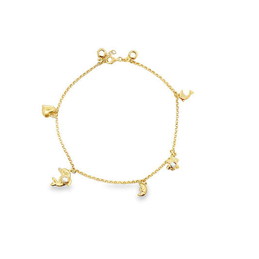 10K Yellow Gold Rolo Link W/Charms Anklet 10In 3.6Dwt