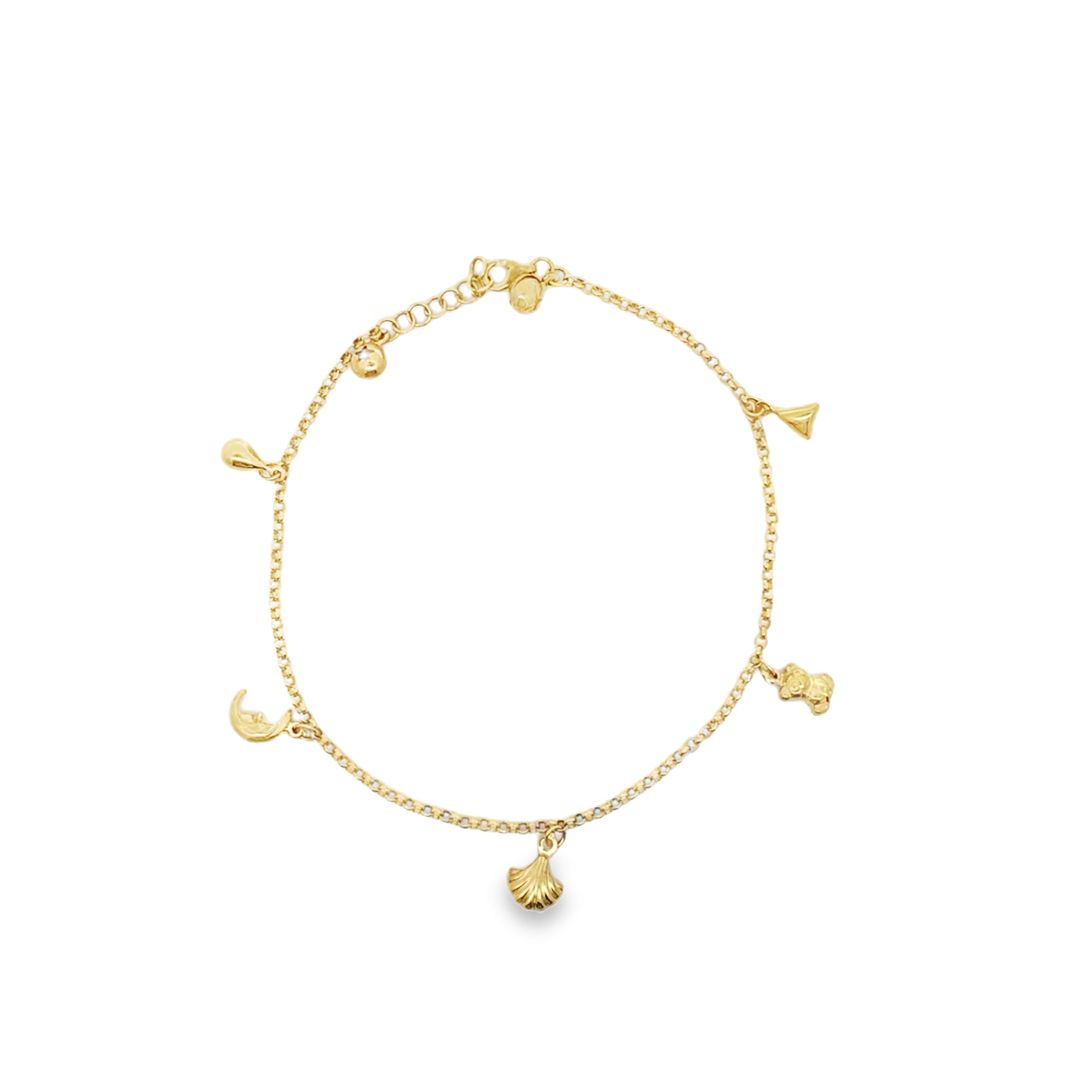 10K Yellow Gold Rolo Link W/Charms Anklet 10In 3.1Dwt