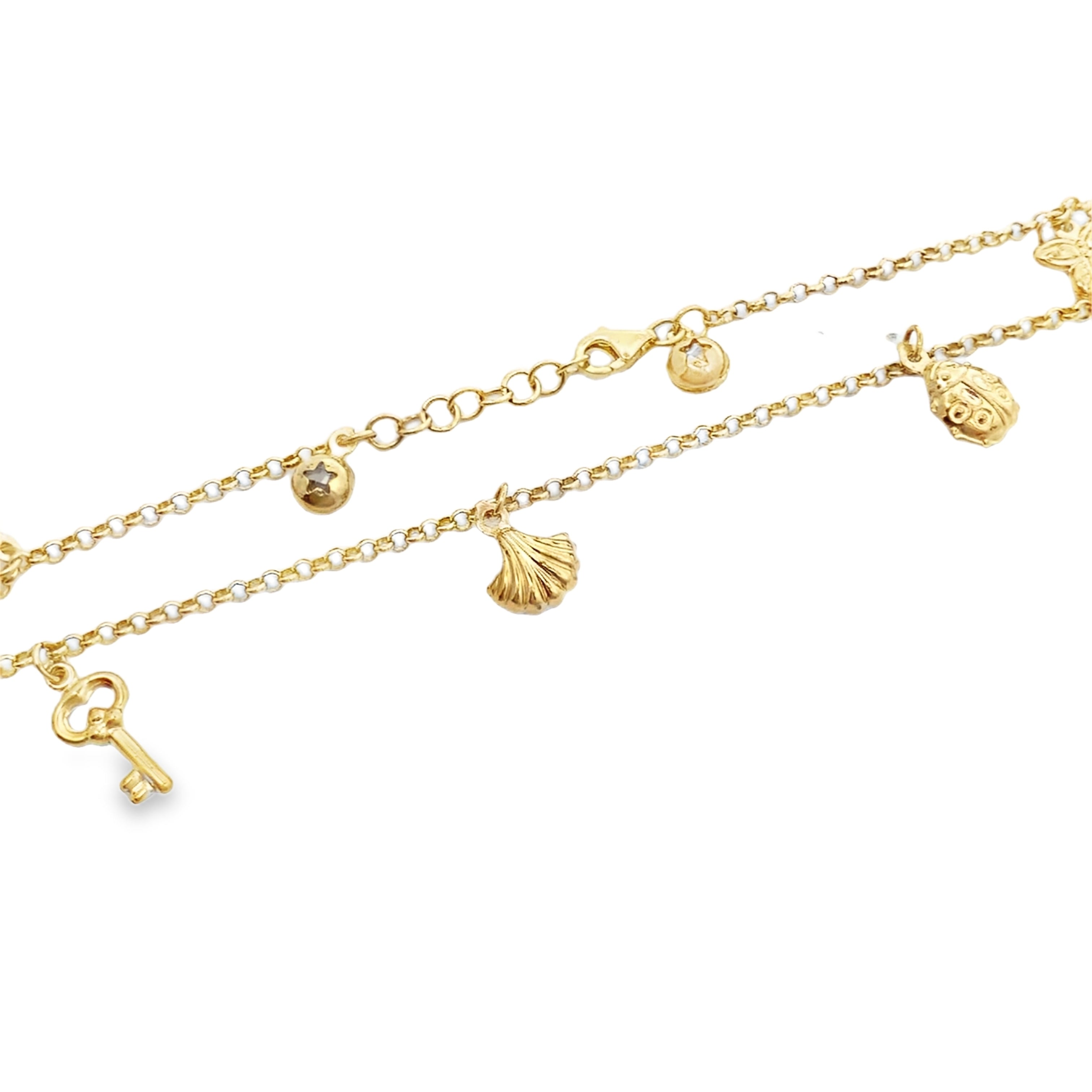 10K Yellow Gold Rolo Link W/Charms Anklet 10In 3.2Dwt