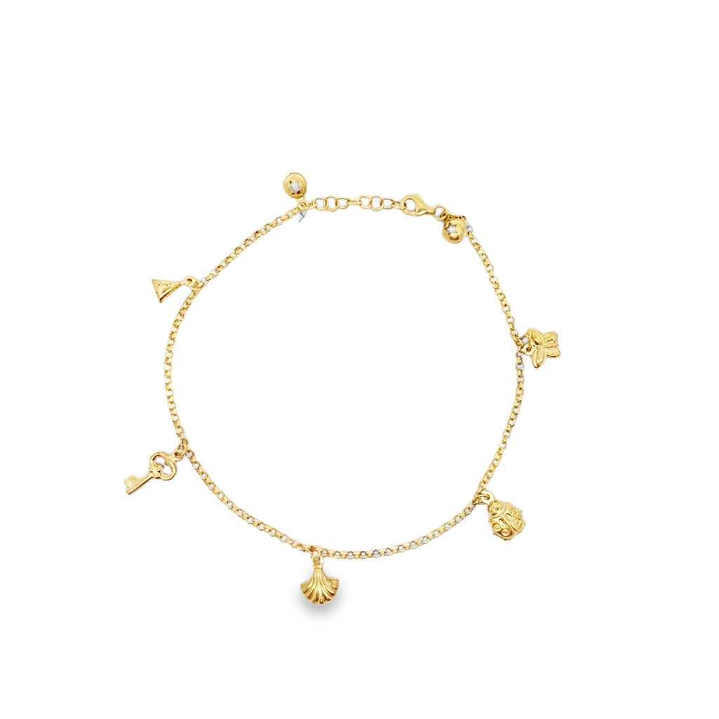 10K Yellow Gold Rolo Link W/Charms Anklet 10In 3.2Dwt