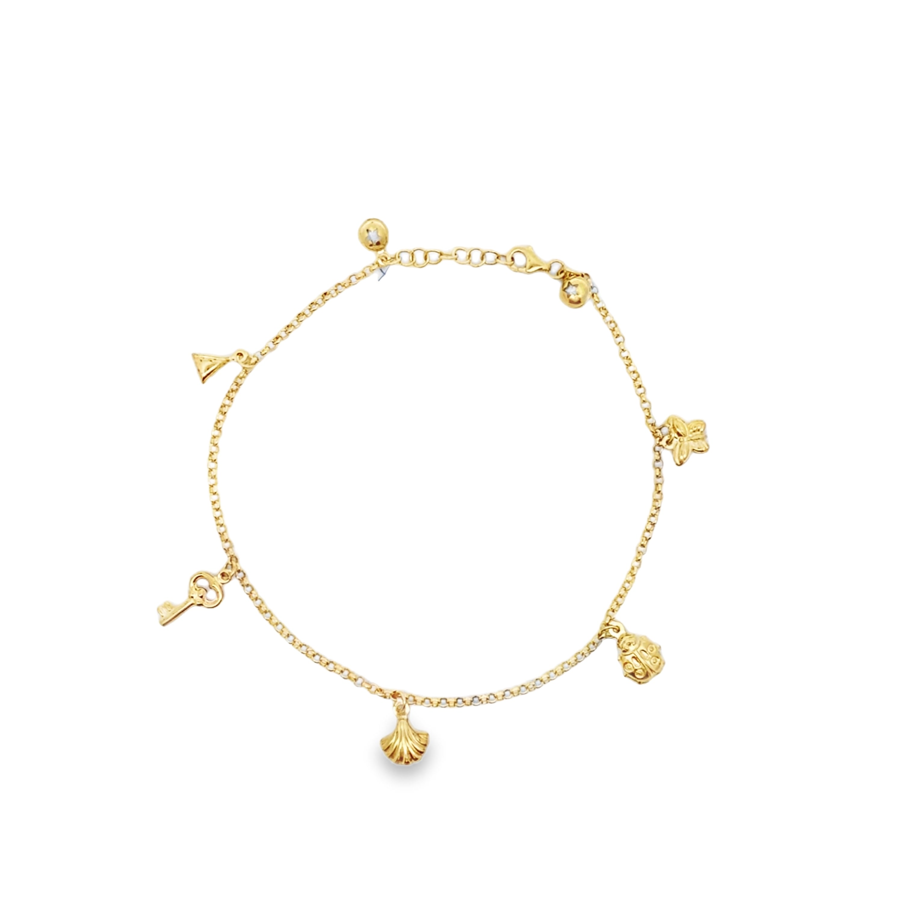 10K Yellow Gold Rolo Link W/Charms Anklet 10In 3.2Dwt