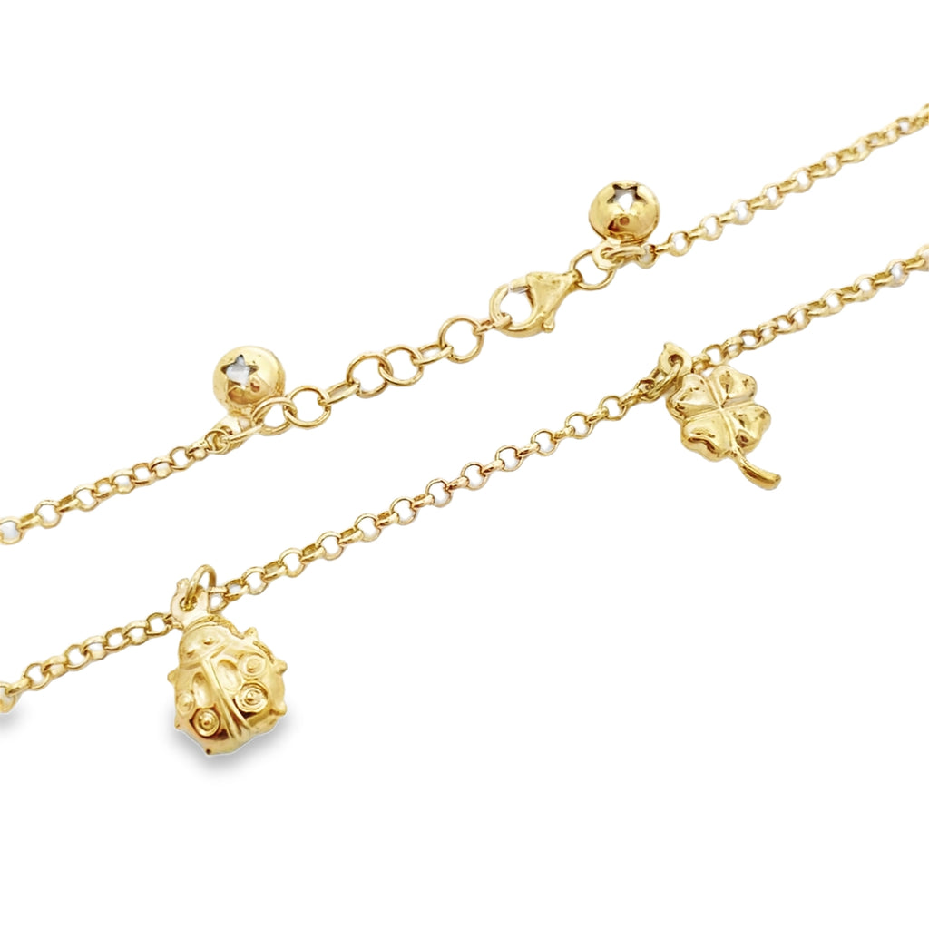 10K Yellow Gold Rolo Link W/Charms Anklet 10In 3.2Dwt