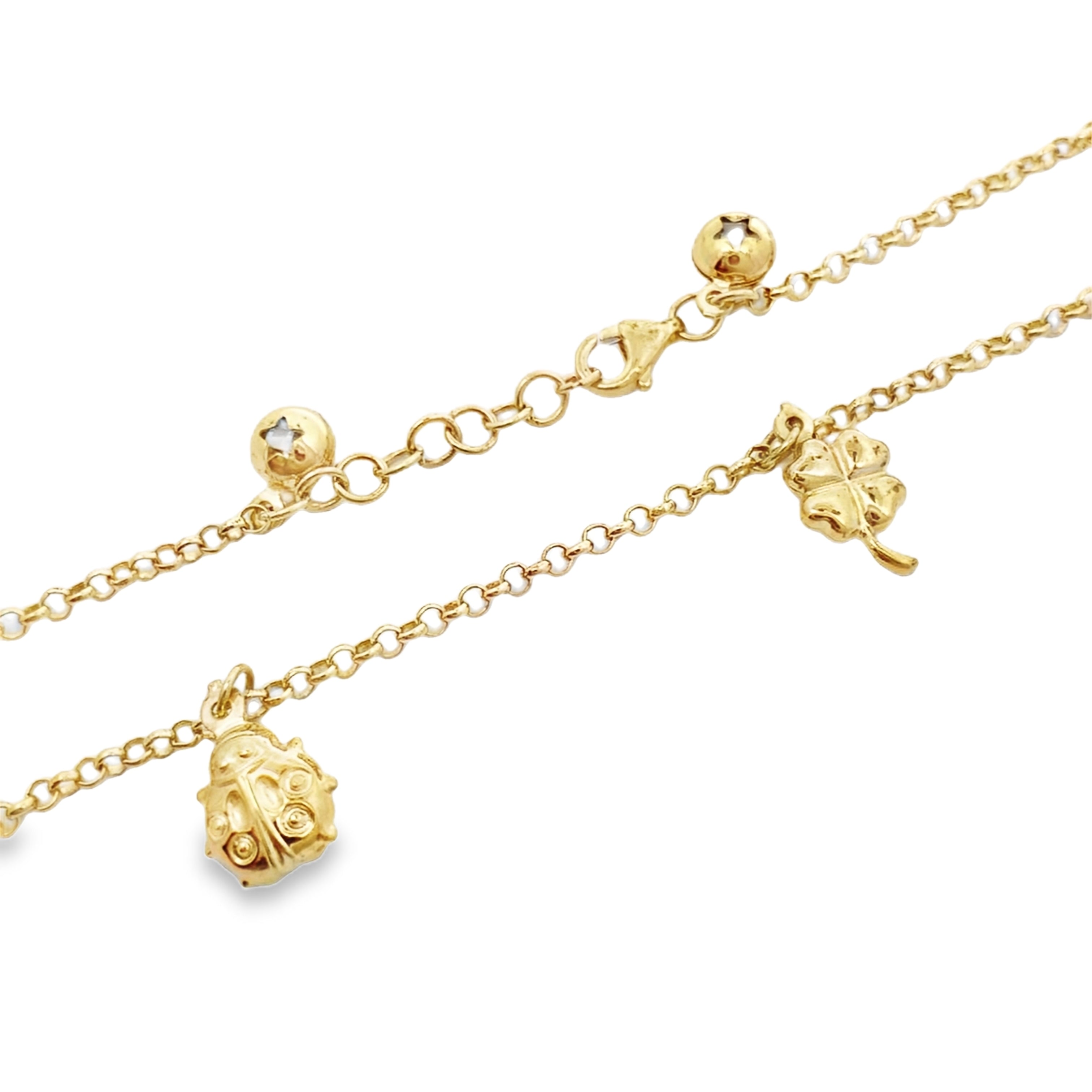10K Yellow Gold Rolo Link W/Charms Anklet 10In 3.2Dwt