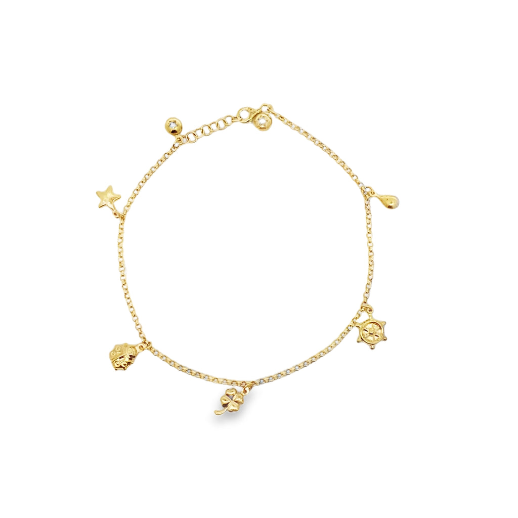 10K Yellow Gold Rolo Link W/Charms Anklet 10In 3.2Dwt
