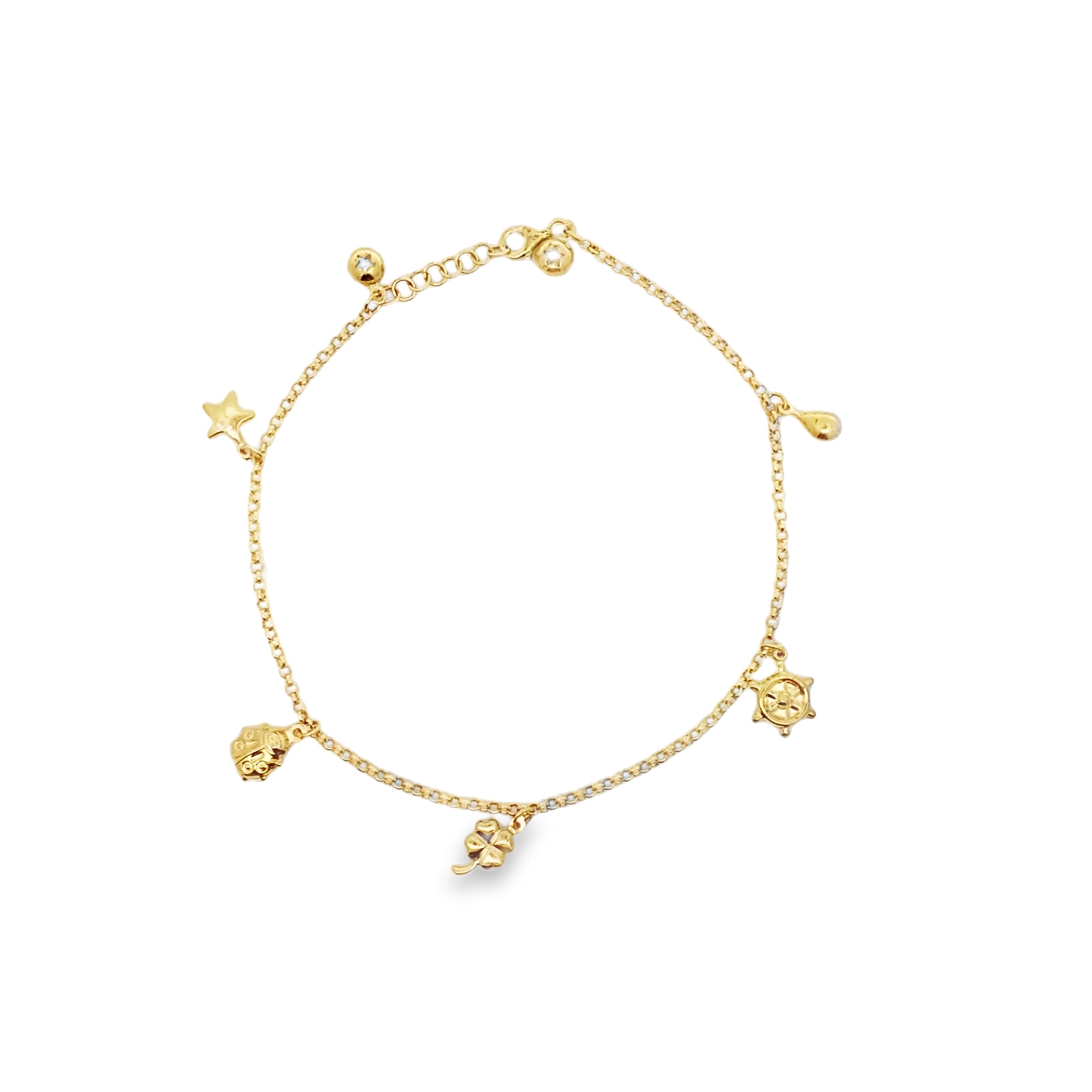 10K Yellow Gold Rolo Link W/Charms Anklet 10In 3.2Dwt