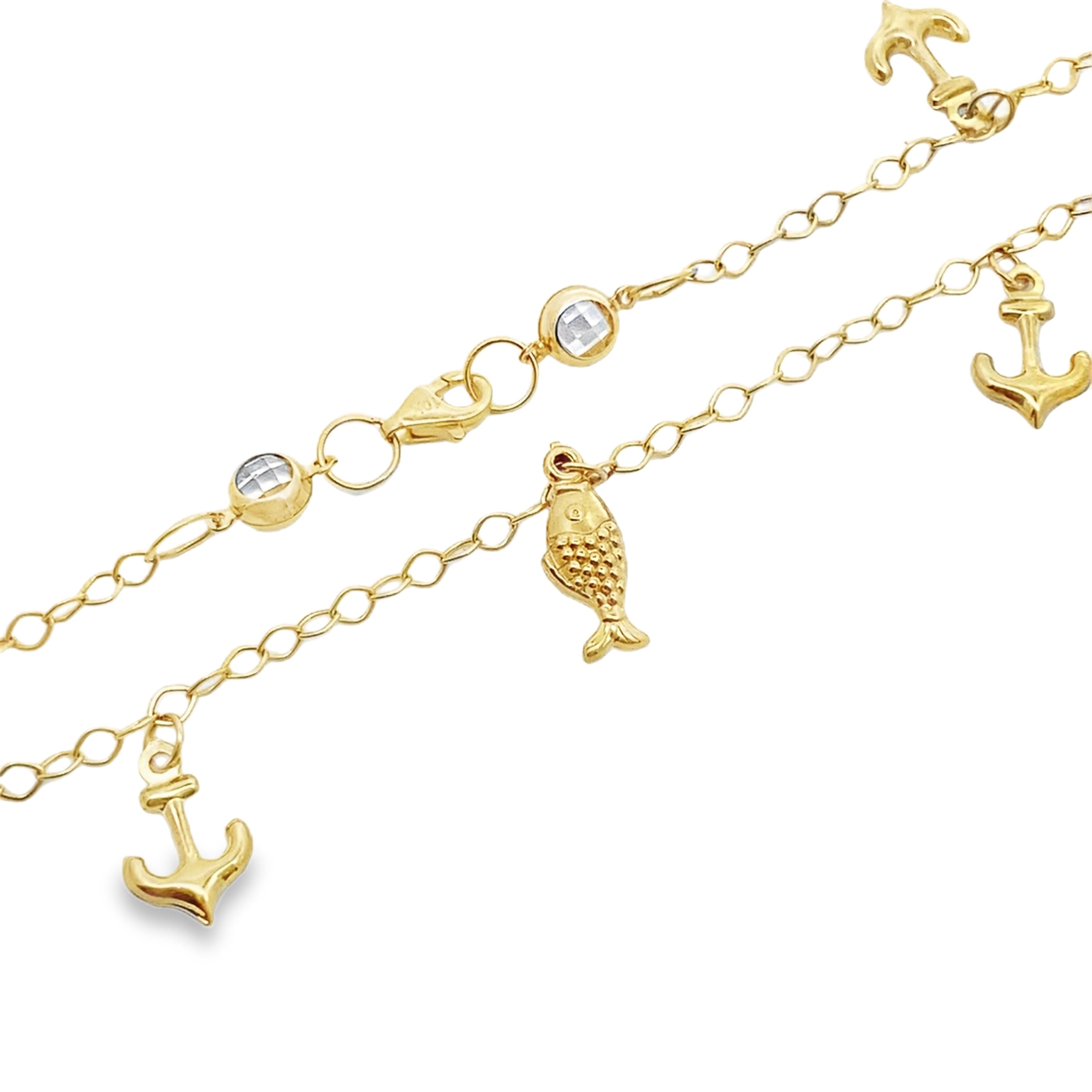 10K Yellow Gold Free Form Link W/Charms Anklet 10In 2.6Dwt