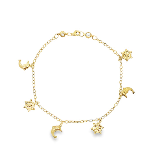 10K Yellow Gold Free Form Link W/Charms Anklet 10In 2.9Dwt