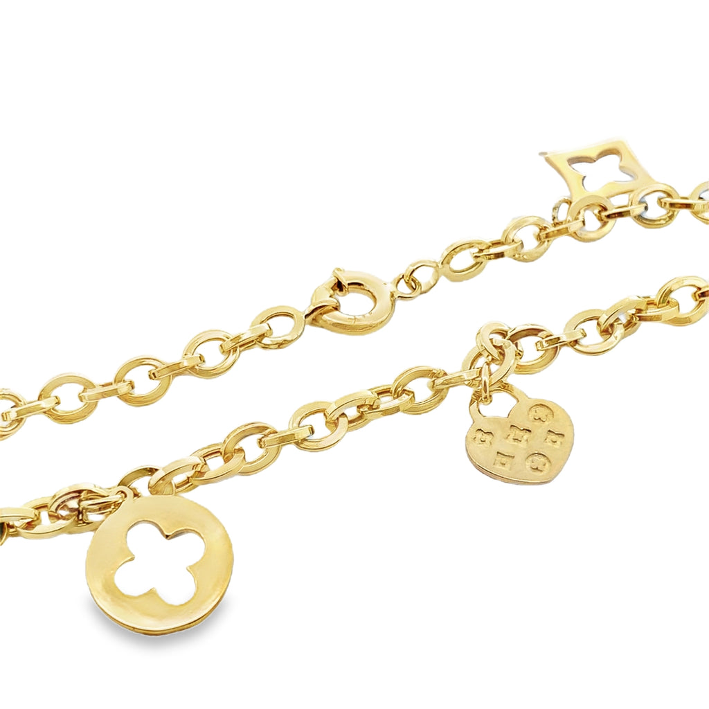 14K Yellow Gold Five Charms Fancy Link Anklet 10In 6.3Dwt