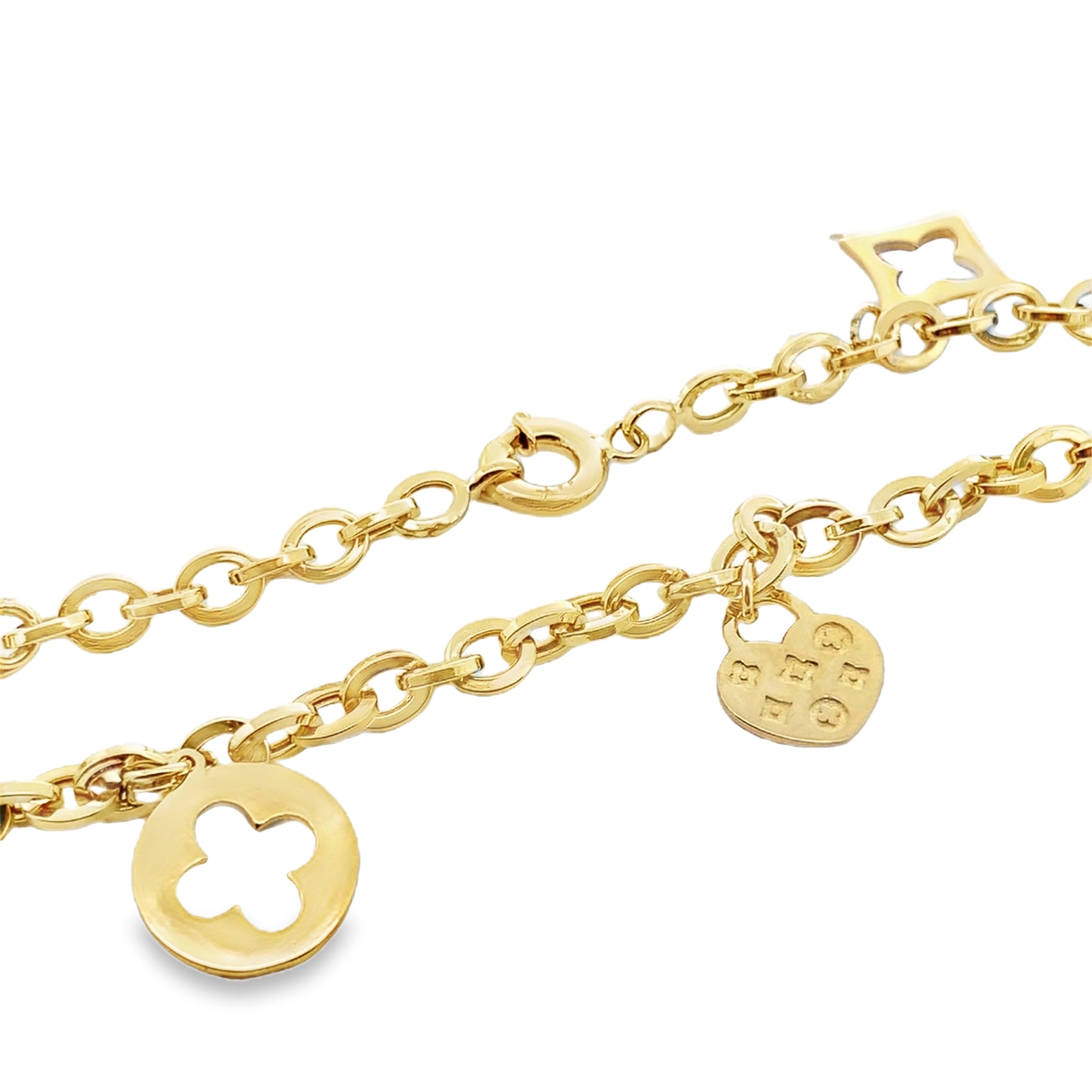 14K Yellow Gold Five Charms Fancy Link Anklet 10In 6.3Dwt