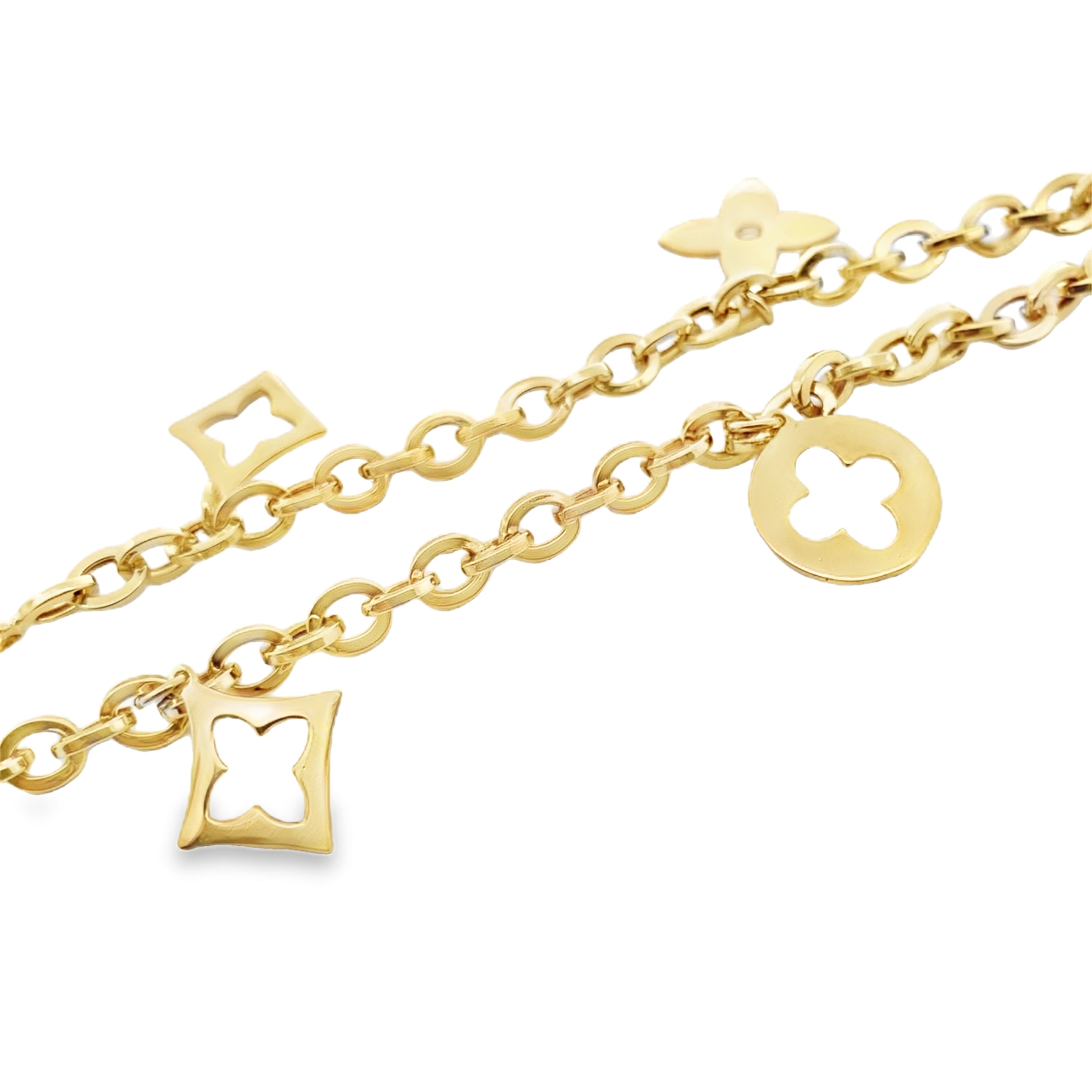 14K Yellow Gold Five Charms Fancy Link Anklet 10In 6.3Dwt